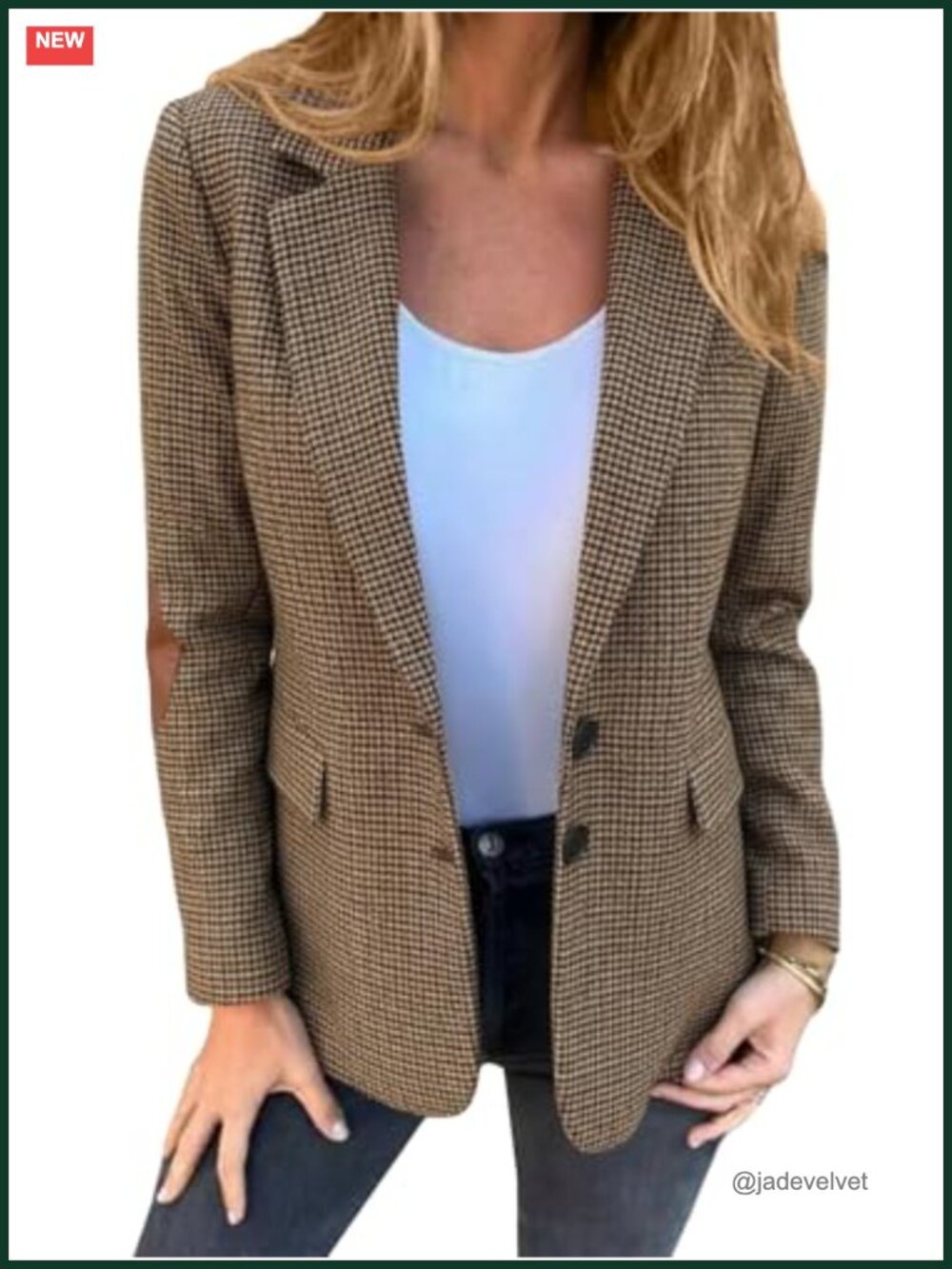 Women's Tweed Blazer - Houndstooth Plaid, Wool Blend, Notch Lapel, Long Sleeve,